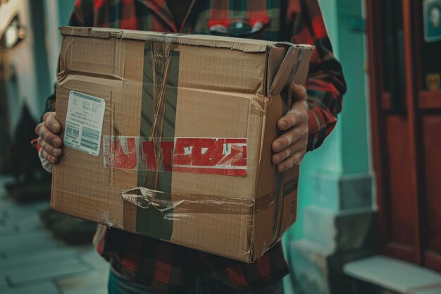 Mężczyzna trzymający duże pudełko z kruchą naklejką