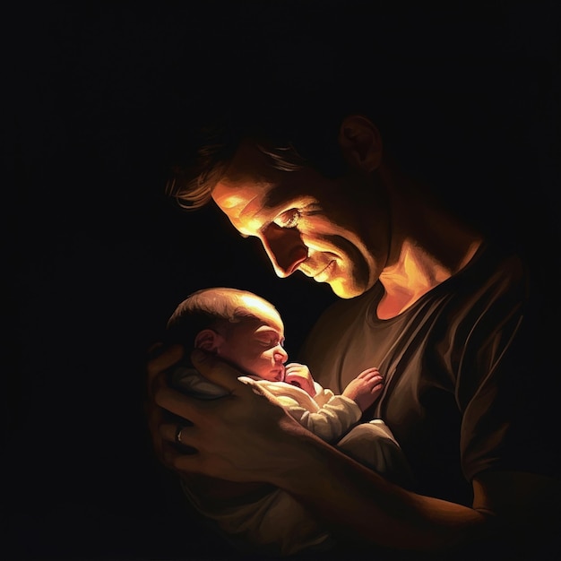 Mężczyzna trzymający dziecko w ciemności z włączonym światłem.