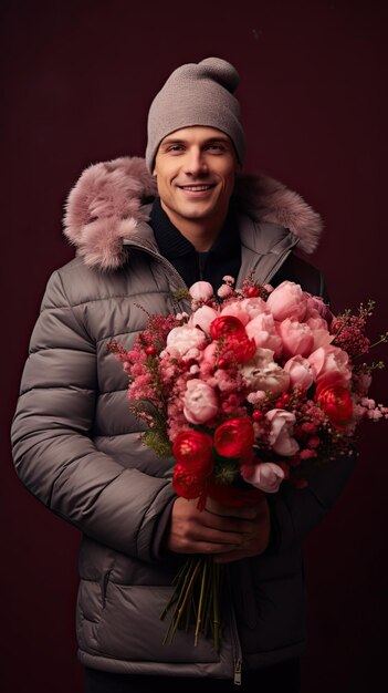 Mężczyzna trzymający kwiaciarnię bukietów kwiatów zimą