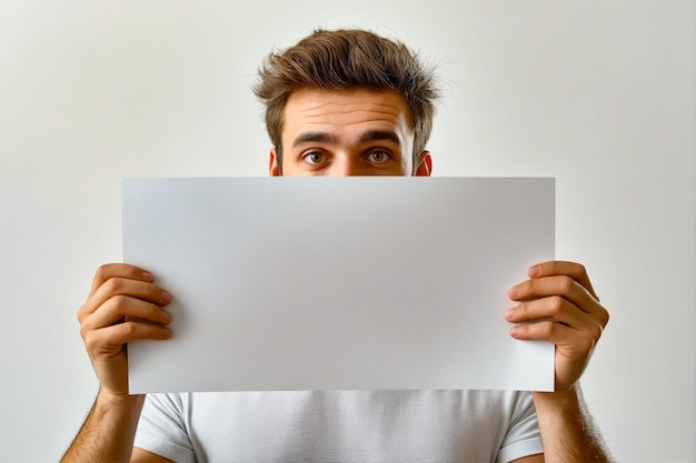 Zdjęcie mężczyzna trzymający pusty biały papier