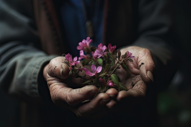 Mężczyzna trzymający różowe kwiaty w rękach