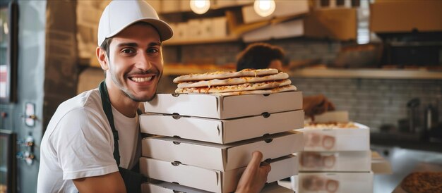 Mężczyzna trzymający stos pudełek z pizzą