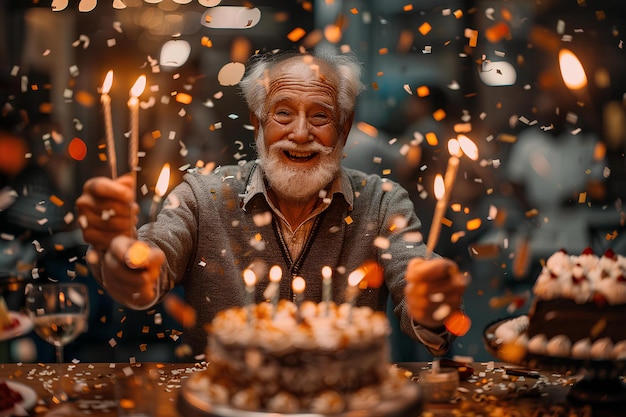 Mężczyzna trzymający świece przed ciastem z świecami w nim i konfetti spadające wokół niego