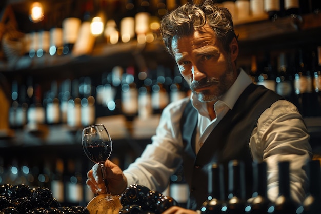 Zdjęcie mężczyzna trzymający szklankę czerwonego wina w słabo oświetlonej piwnicy otoczonej butelkami