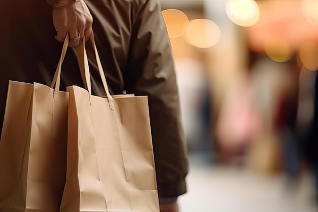 Mężczyzna trzymający torby na zakupy w zbliżeniu centrum handlowego Miejsce na tekst Widok z tyłu osoby trzymającej torbę na zakupy AI Generated
