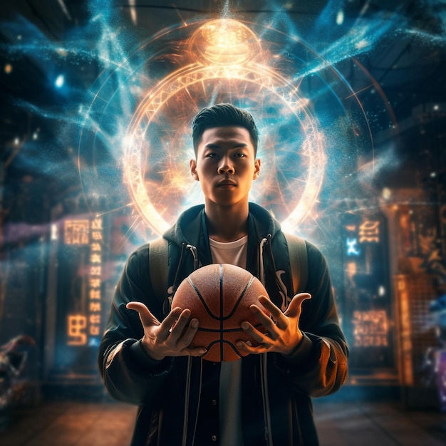 mężczyzna trzymający w rękach piłkę do koszykówki przed piłką z chińskim napisem w tle.
