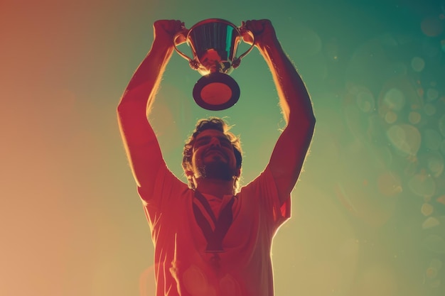 Zdjęcie mężczyzna trzymający złoty trofeum jako zwycięzca konkursu z vintage filtrem