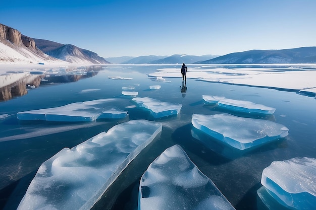 Mężczyzna turysta idący po lodzie jeziora Bajkalu Zimowy krajobraz jeziora Baikalu na Syberii Rosja Niebieski przezroczysty pęknięty lód i niebieskie niebo
