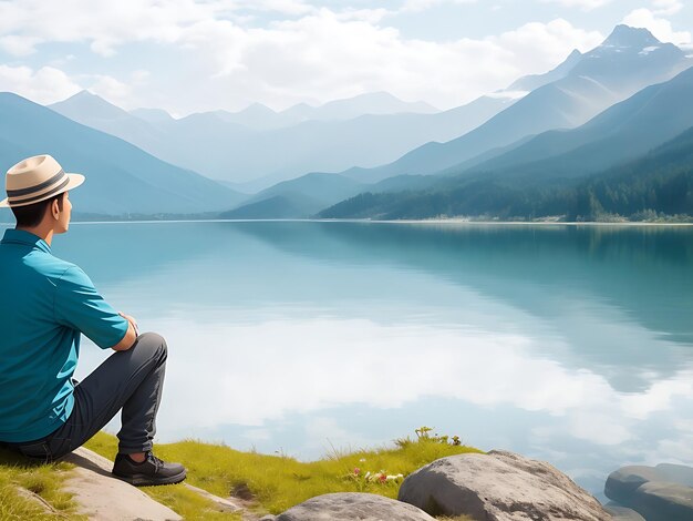 Mężczyzna-turysta odpoczywający na wzgórzu oglądający wspaniały krajobraz gór i jeziora generowany przez sztuczną inteligencję