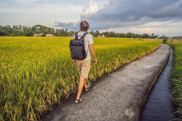 Mężczyzna turysta z plecakiem jedzie na pole ryżowe