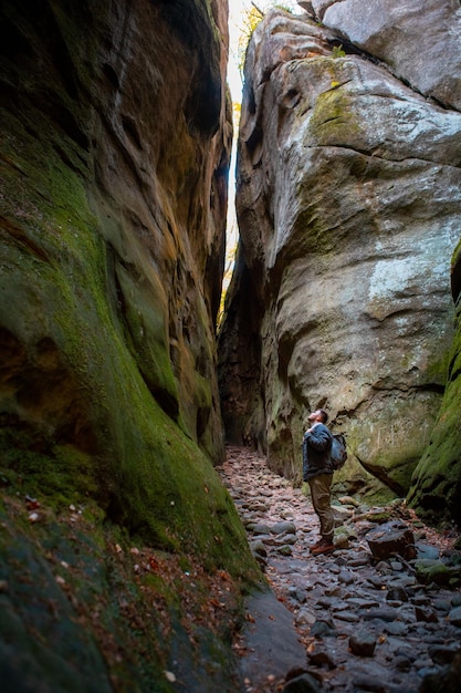 Mężczyzna turysta z plecakiem w kanionie z lasem