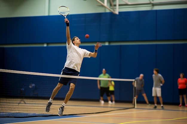 Mężczyzna ubrany w białą koszulę z napisem tenis