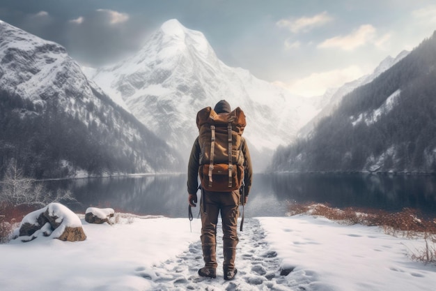 Mężczyzna ubrany w ciepłą zimową odzież sportową z plecakami turystycznymi spacerujący po lesie Generative AI