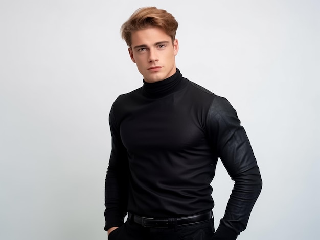 mężczyzna ubrany w czarną, swobodną bluzę z kapturem za widokiem z przodu makiety projektu koszulki wygenerowanej przez AI