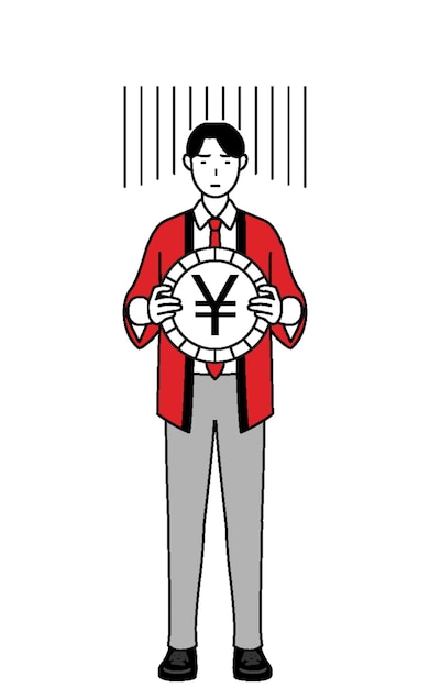 Mężczyzna ubrany w czerwony płaszcz happi obraz straty walutowej lub deprecjacji jena