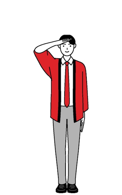 Mężczyzna ubrany w czerwony płaszcz happi pozdrawiający