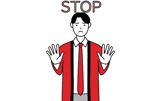 Mężczyzna ubrany w czerwony płaszcz happi z rękami wyciągniętymi przed siebie, sygnalizującymi zatrzymanie