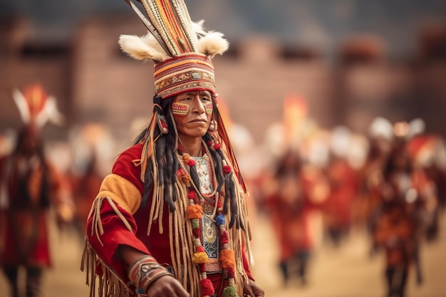 Mężczyzna ubrany w strój indiański Generative AI image Inti Raymi w Cusco Peru