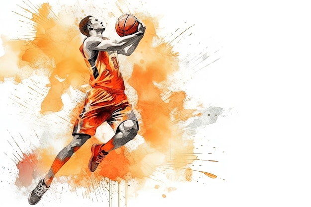 Mężczyzna uprawiający koszykówkę portret profesjonalnego koszykarza skaczącego akwarelą