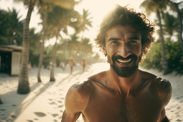 Mężczyzna uśmiecha się na plaży z palmami w tle