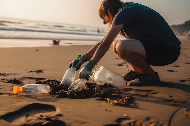 Zdjęcie mężczyzna usuwa śmieci z plaży generatywna ai