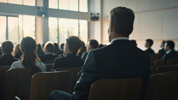 Mężczyzna uważnie słuchający w sali konferencyjnej z publicznością za sobą