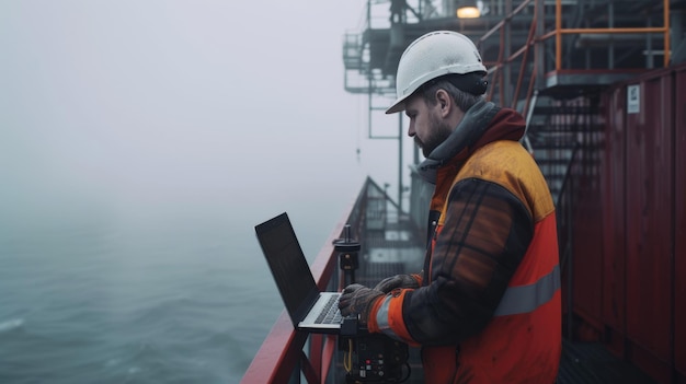 Zdjęcie mężczyzna używa laptopa na łodzi w oceanie