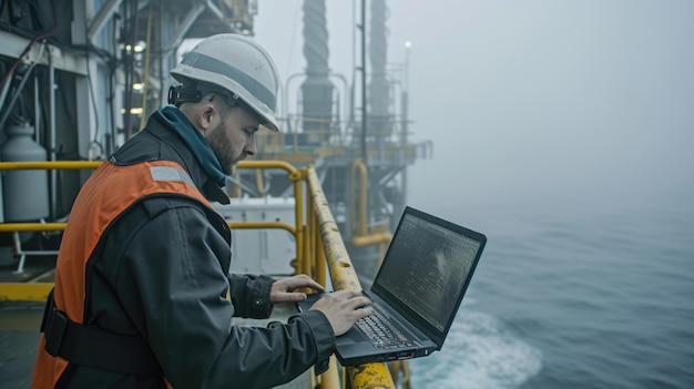 Zdjęcie mężczyzna używa laptopa na łodzi w oceanie