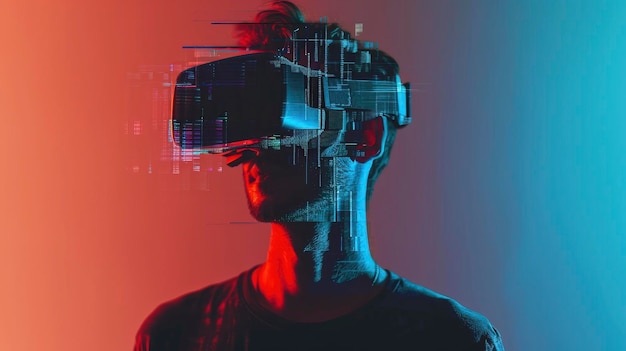 Mężczyzna używa słuchawek wirtualnej rzeczywistości Obraz z efektem glitch