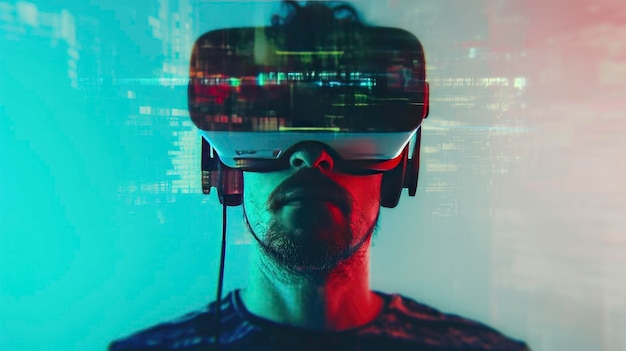 Mężczyzna używa zestawu słuchawkowego wirtualnej rzeczywistości Obraz z efektem usterki