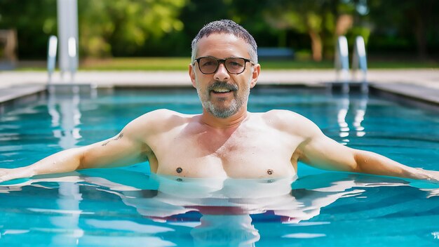 Mężczyzna w basenie z okularami i brodą.