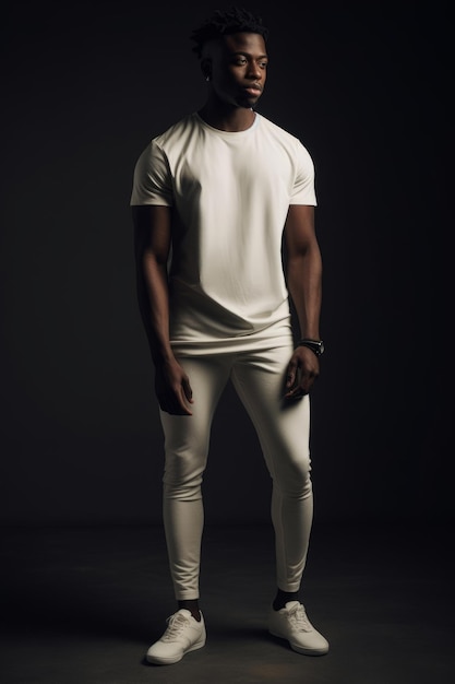 Mężczyzna w białej koszulce i białych spodniach stoi w ciemnym pokoju.