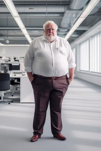 Mężczyzna w białej koszuli i brązowych spodniach stojący w pustym biurze Generatywna sztuczna inteligencja