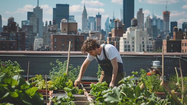 Mężczyzna w białej koszuli i niebieskim fartuchu zajmuje się ogrodnictwem na dachu w Nowym Jorku.