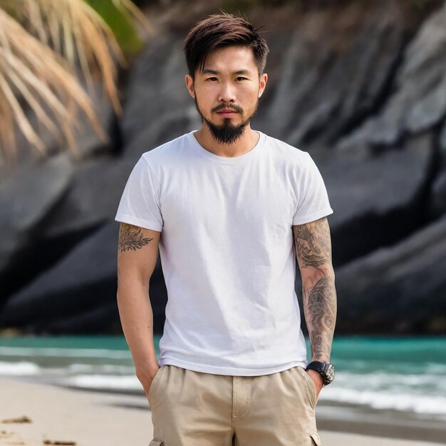 Mężczyzna w białej koszuli z napisem "morze" na plaży.