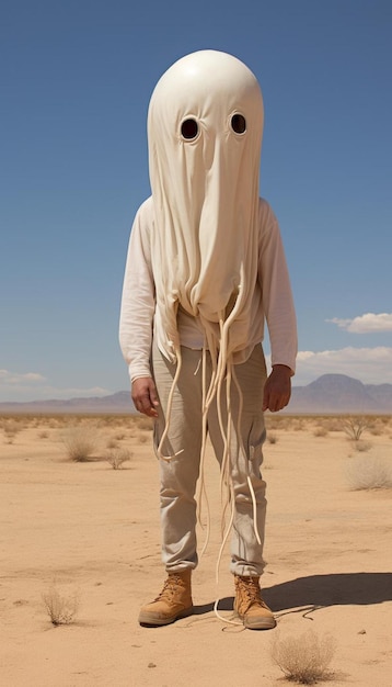 mężczyzna w białej szacie z długim szalikiem na głowie stoi na pustyni.