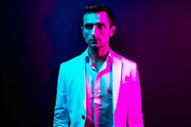 Mężczyzna w białym garniturze stoi przed neonem.