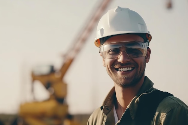 Mężczyzna w białym kasku i okularach stoi przed placem budowy