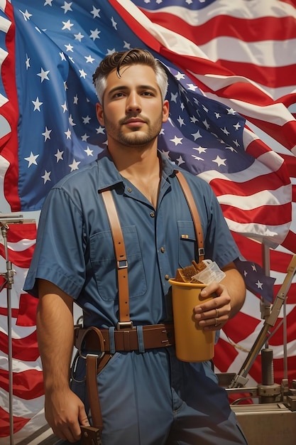 Mężczyzna w białym kasku stoi przed amerykańską flagą