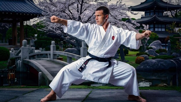 Mężczyzna w białym kimono trenuje karate.