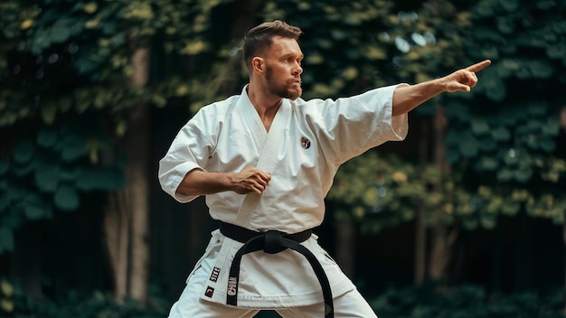 Mężczyzna w białym kimono trenuje karate.