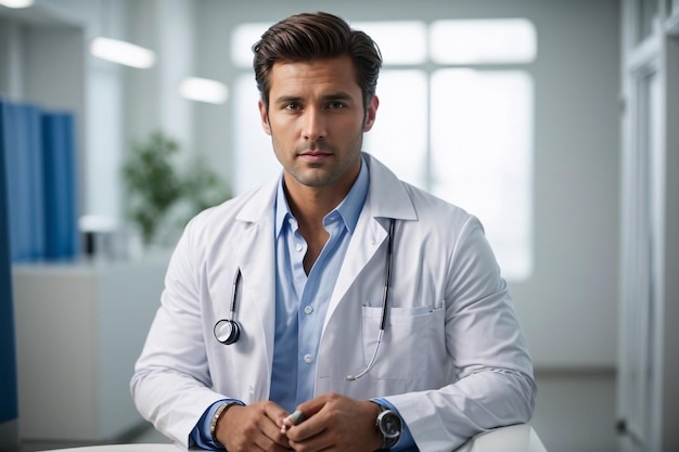 Mężczyzna w białym płaszczu laboratoryjnym siedzący w klinice