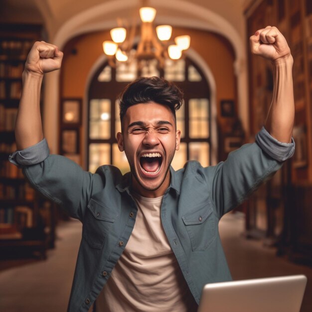 Zdjęcie mężczyzna w bibliotece z podniesionymi rękami i laptopem w dłoniach.