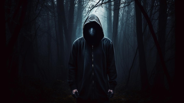 Mężczyzna w bluzie z kapturem stoi w ciemnym lesie z ciemnym tłem i napisem strach z przodu.