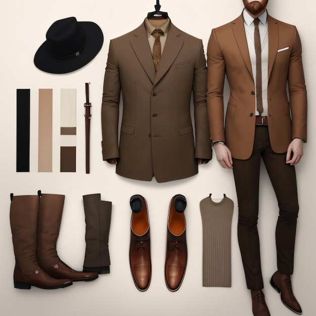 Mężczyzna w brązowym garniturze i kapeluszu stoi obok kurtki i butów.
