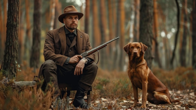 Zdjęcie mężczyzna w brązowym kapeluszu i kurtce siedzi obok brązowego psa
