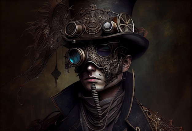 Mężczyzna w cylindrze i cylindrze z maską w stylu steampunk.