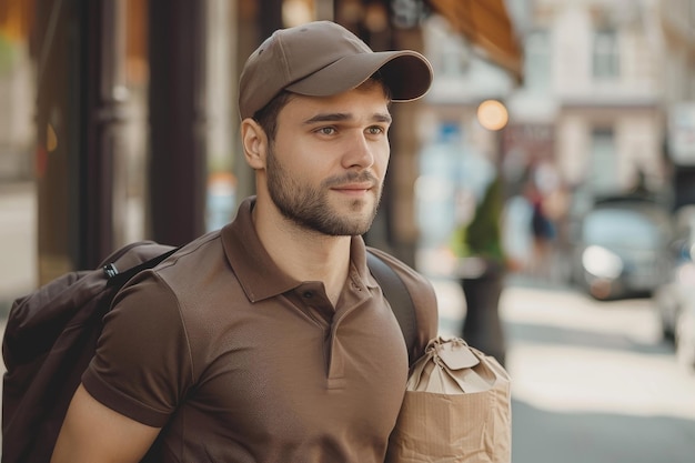Mężczyzna w czapce i plecaku idący ulicą