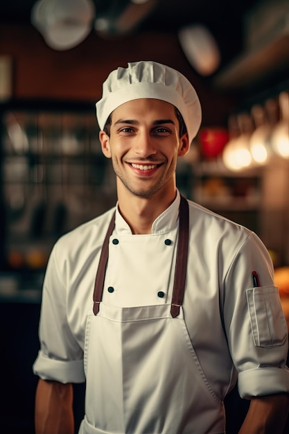 Mężczyzna w czapce szefa kuchni stoi w restauracji.