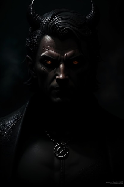 Mężczyzna w czarnej koszuli i czerwonym oku stoi przed ciemnym tłem.